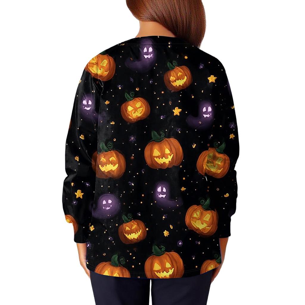 Women's Casual Fashion Long Sleeve Standing Collar Single Breasted Halloween Printed Workwear Jacket Tops