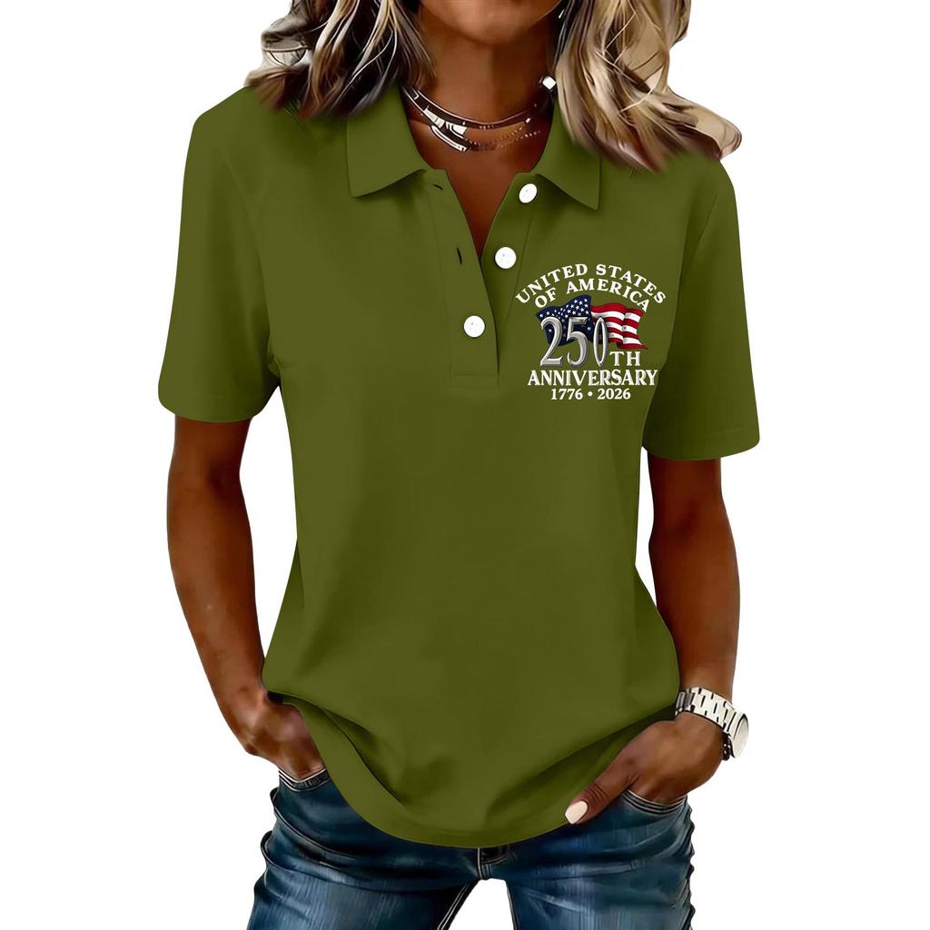 Women's Casual Button Front Short Sleeve Polo Shirt 250th Anniversary United States Printed Top 1776 To 2026 Commemorative Apparel