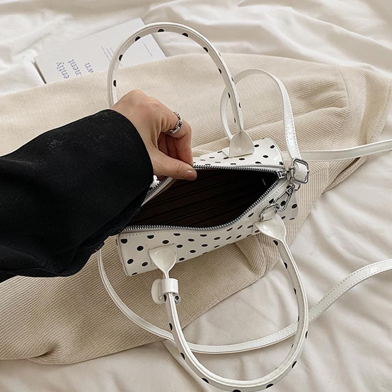 Chic Black & White Polka Dot Stylish Cylinder Crossbody Bag Braided Handle PU Leather Zip Closure Versatile Messenger Bag for Women AVE