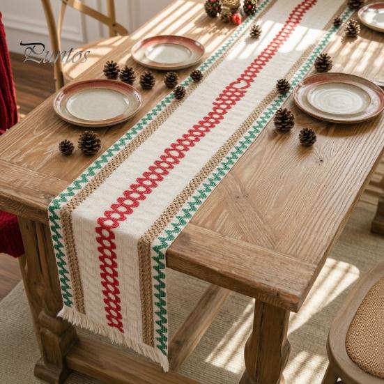 Table Runner for Family Gatherings Boho Striped Runner, Fringed Edge Cotton Linen Rustic Natural Woven Kitchen Farmhouse Dining Table, Home