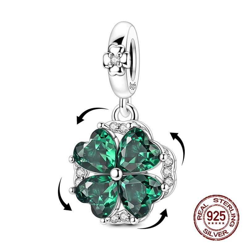 

Rotatable Clover Pendant 925 Silver Charm Bead Green Zircon Inlaid Lucky Pendant Fit Bracelets Jewelry Gift for Women