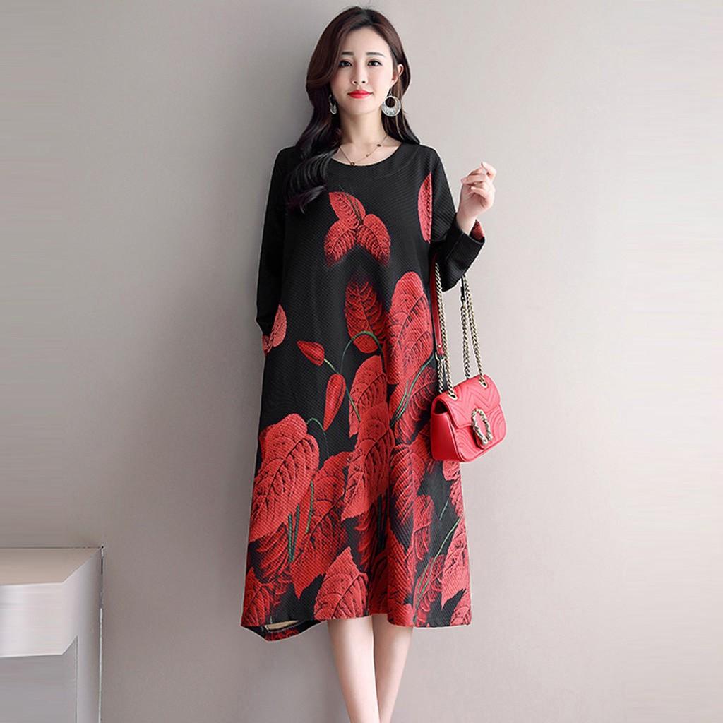 Fashion Casual Women Long sleeve Long Dress  Printed Loose Dress