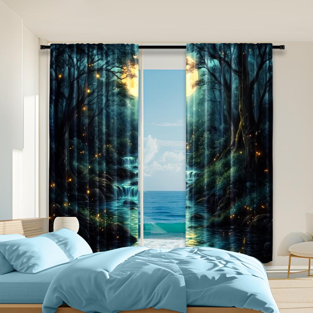 

2 pcs, versatile polyester transparent curtains for home decoration Forest Moon Stream Scene for use in bedrooms and living 29x65in(75x166cm)