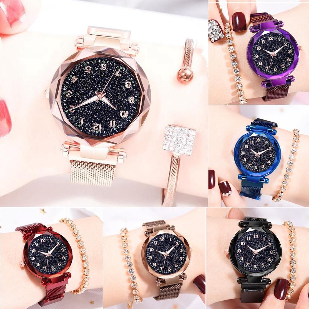 Women Fashion Luminous Numbers Starry Sky Quartz Watch Magnetic Wristwatch Buckle