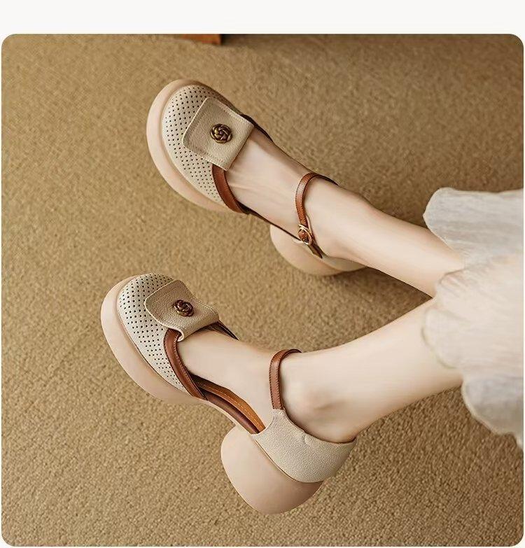 Thick-soled hollowed-out bag head sandals women's muffin breathable Roman shoes 2025 summer new skirt one-button high heels