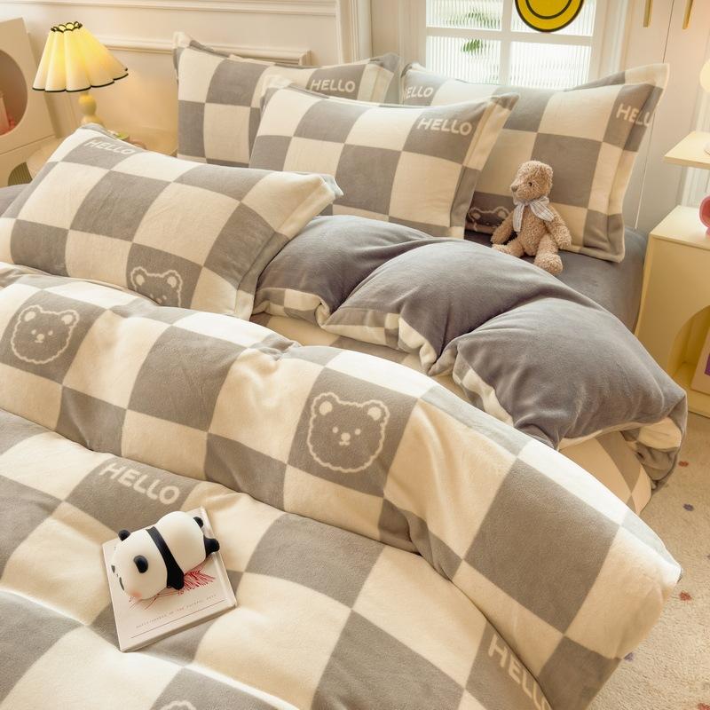 Thickened Milk Fleece Four-Piece Set, Coral Flange Double-Sided Fleece Quilt Cover, Bed Sheet, Bed Hat Three-Piece Set