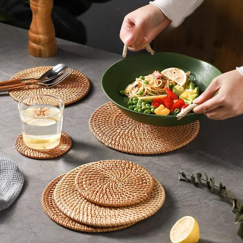 1/4pcs 20cm Round Rattan Woven Placemat Heat Resistant Pot Mat Anti Scald Table Mat Non Slip Coaster for Kitchen Dining Table