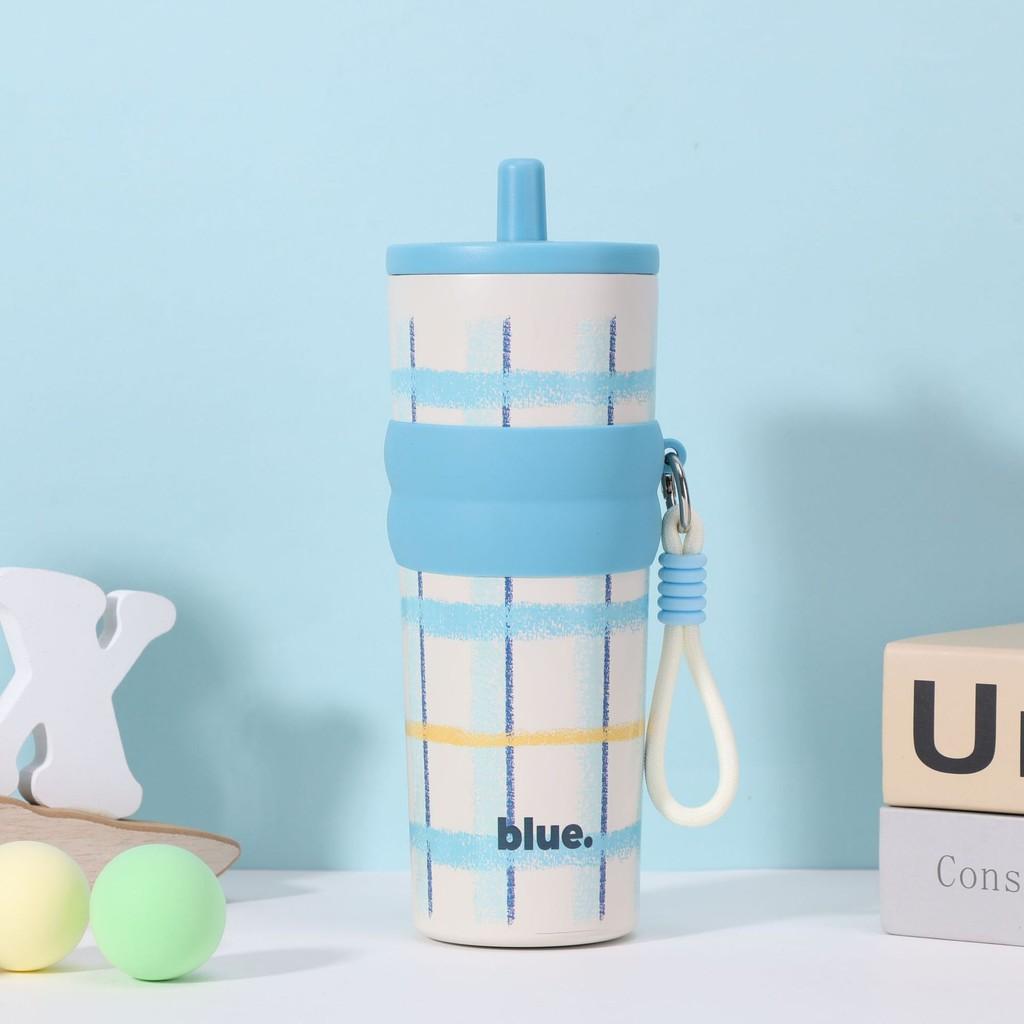 Print Plaid Letter Large Capacity Stainless Steel Insulated Cup With Straw