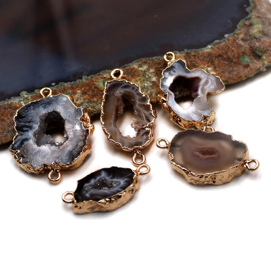 Natural Druzy Agate Slice Pendant Gold Rim Two Hole Connector Beads Geode Crystal Charm for Necklace Bracelet DIY Jewelry