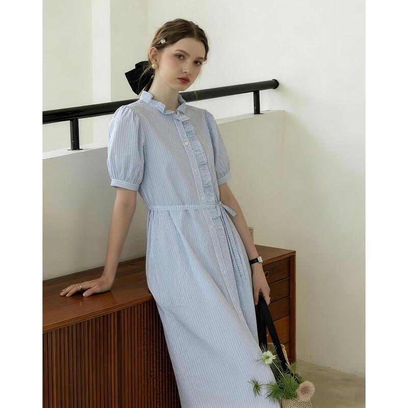 French Romance Striped Ruffle Stand-Up Collar Dress