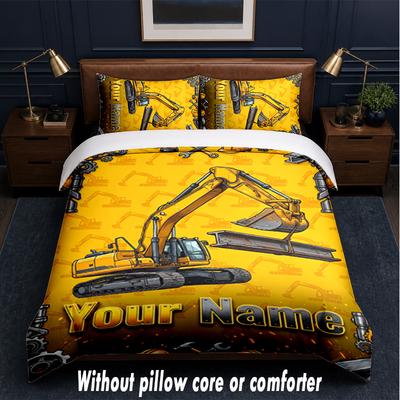 Construction Vehicles Theme Custom Text Or Name 3Pcs Bedding Set,1 Flat Sheet & 2 Pillowcases Personalized Home Bedding