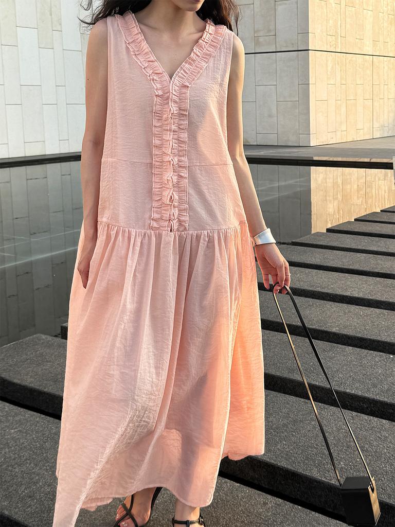 Johnature French Clear Fungus Edge A-line Korean Casual Loose Dresses Women Summer Sweet V-neck Sleeveless Dress