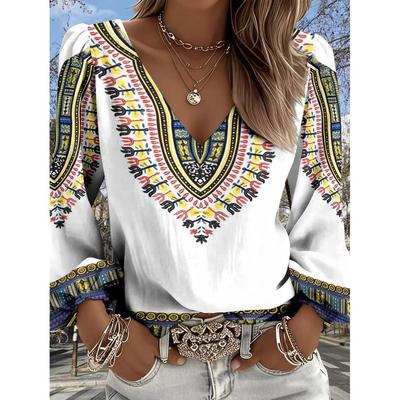 Lady Bohemian Retro Western Style Shirt with V-neck and Long Sleeves, Suitable for Casual Outfits and Vacations, Relaxed and Loose Shirt