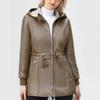 Autumn Winter Women's Fleece Leather Jacket Mid-Length Slim Fit PU Hooded Leather Jacket Flocked Thick Warm Leather Coat