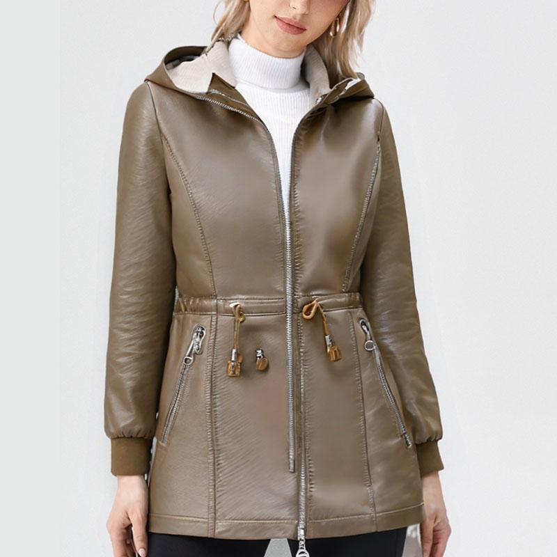 Autumn Winter Women's Fleece Leather Jacket Mid-Length Slim Fit PU Hooded Leather Jacket Flocked Thick Warm Leather Coat