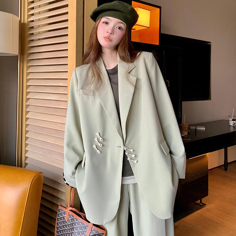 Vintage Improved Buckle Suit Suit for Women's with Niche Design Korean Style Loose-fitting Two-piece Suit