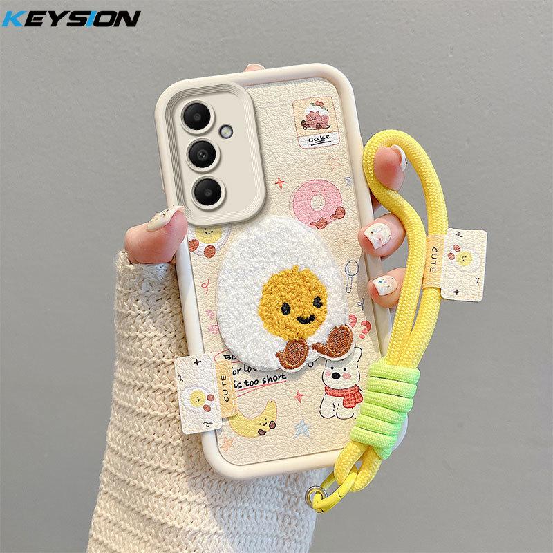 KEYSION Cartoon Cute Plush Embroidery Case for Samsung A55 5G A35 with Lanyard Silicone Shockproof Phone Cover for Galaxy A25 A15 5G