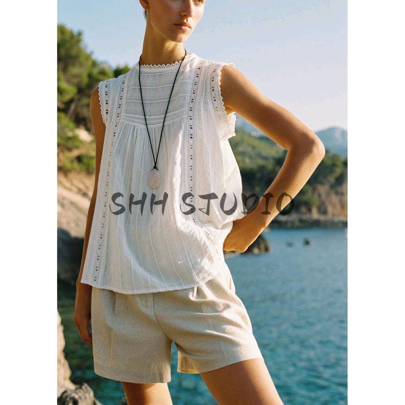 Summer New Product Women's Clothes Romantic Style Frill Decoration Vertical Lacework round-Neck Sleeveless Tops 1821121