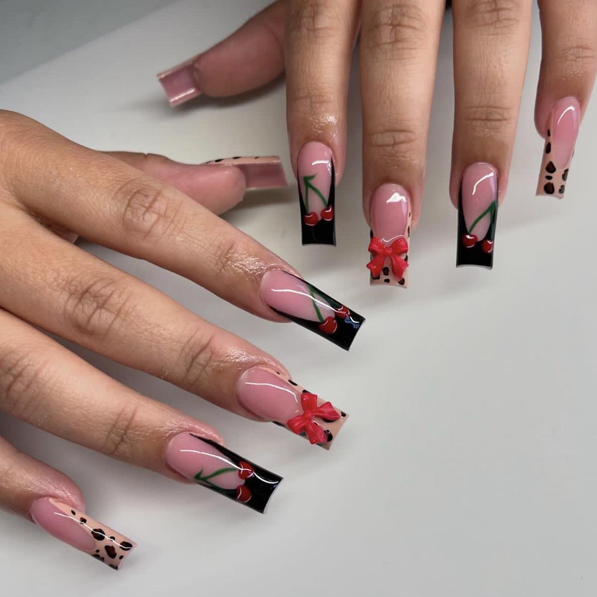 

Leopard Print French Edge Long Coffin Press-On Nails with Cherry Bow Decoration