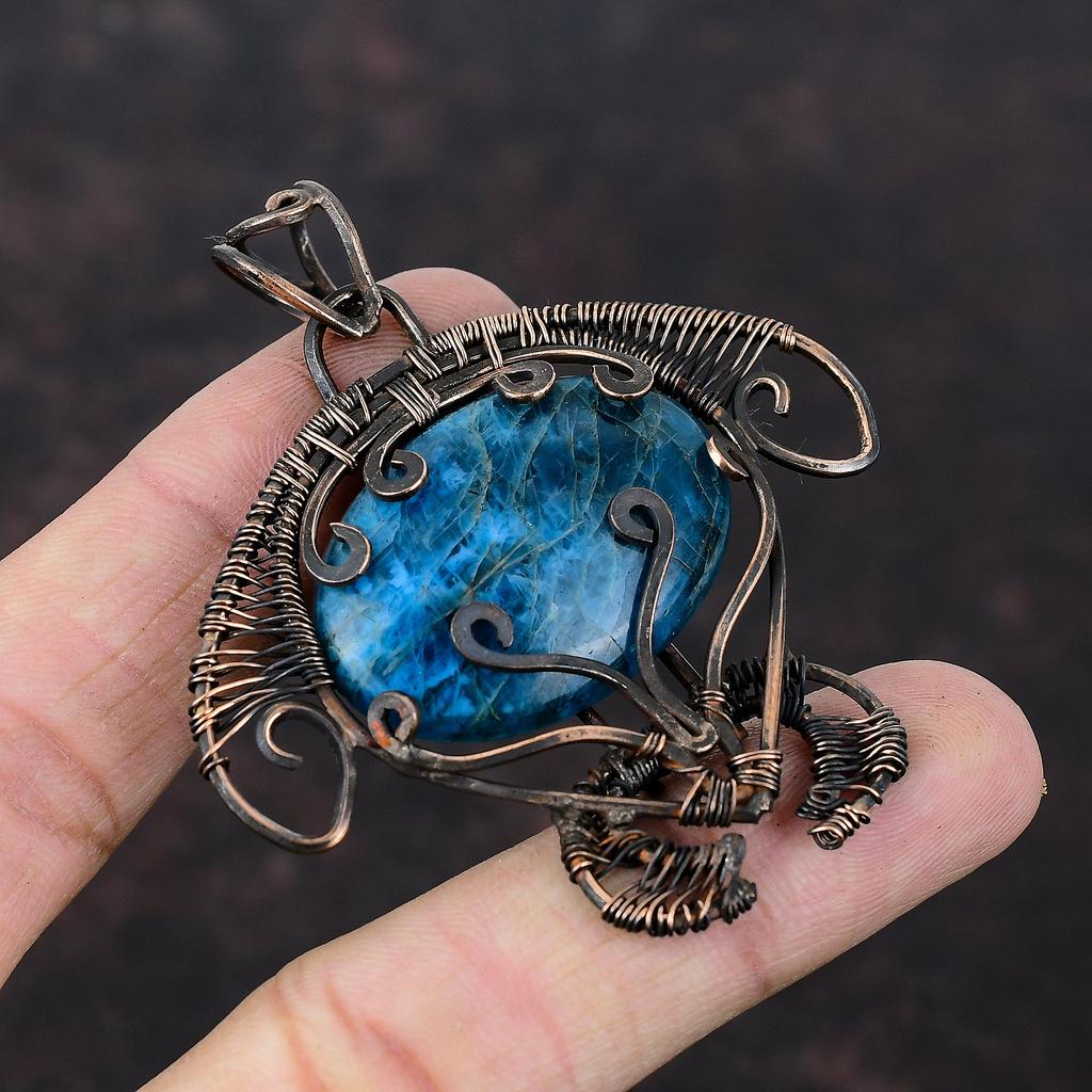 Neon Apatite Pendant Copper Wire Wrapped Pendant Natural Gemstone Pendant Copper Jewelry Handmade Tortoise Pendant Wire Jewelry Wedding Gift