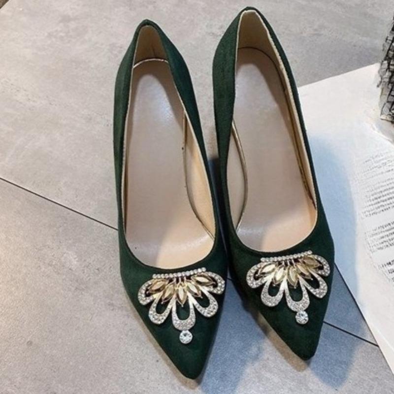 Fashion Women's Stiletto Single Shoes Fashion New Pointed Toe Suede Shallow Rhinestone Metal Crown Pump Heels