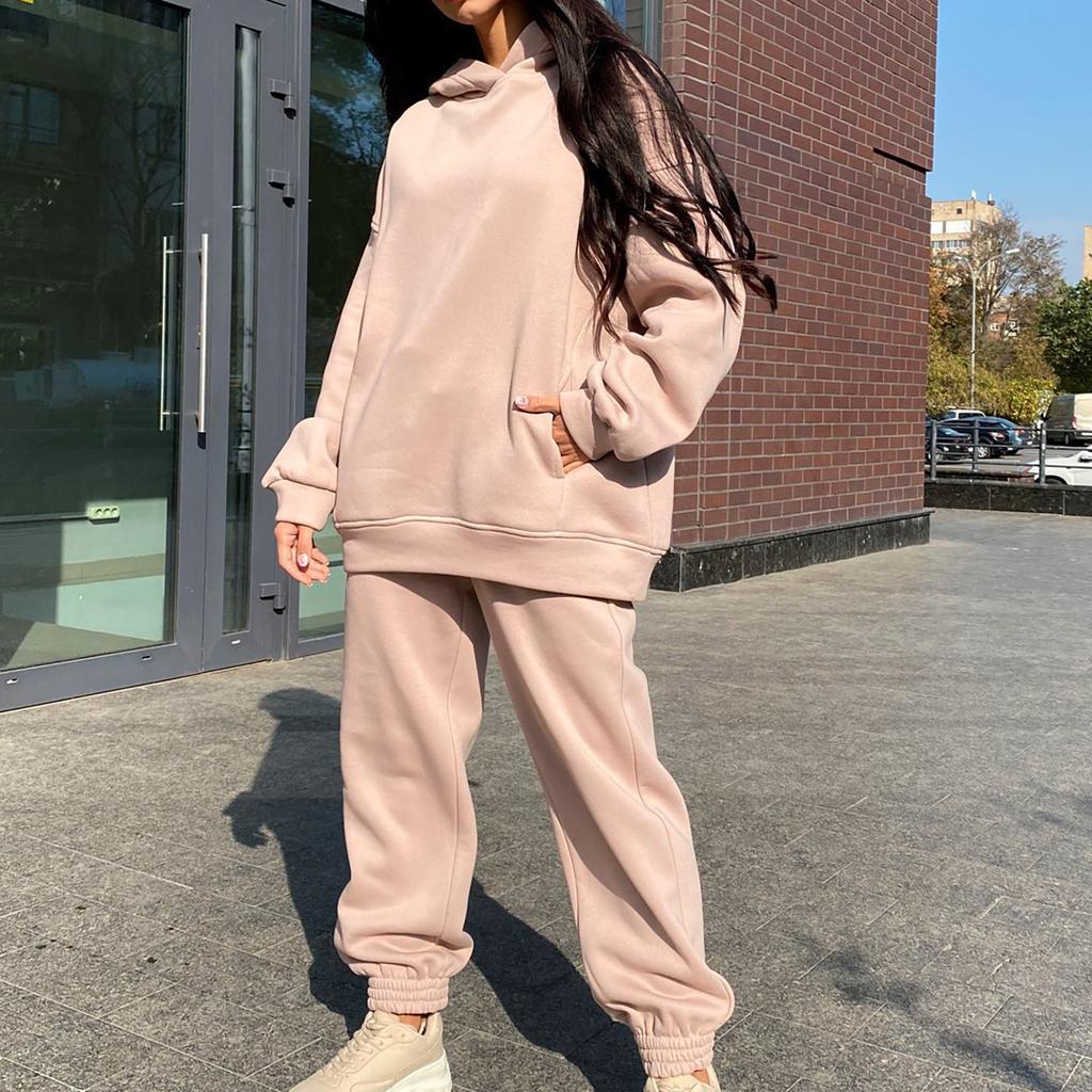 Women's Autumn/Winter Solid Colour Sweatshirt Hooded Fashion Long Sleeve Two Piece Set