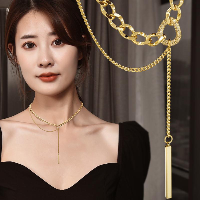 Womens Geometric Elegant Titanium Steel Chain Necklace With Luxe Tassel Features For Versatile Wear