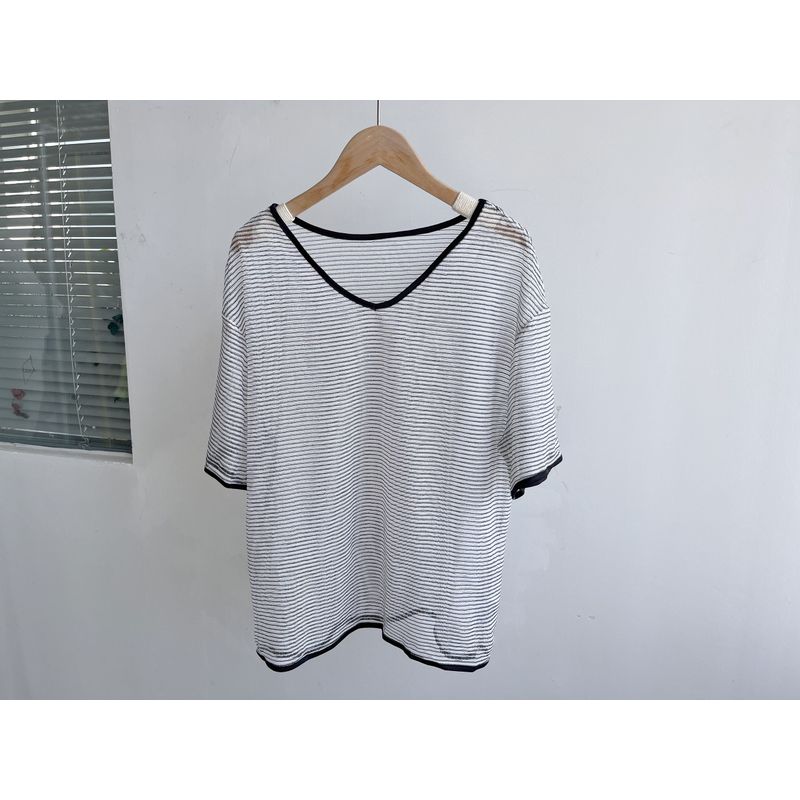 

Slight Flaw Summer Fashion Slightly Transparent Design Sense Short sleeve T-shirt V-neck Casual Outdoor All-Matching Top Loose and Comfortable Y2 White L