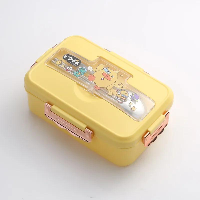 Cartoon Pattern Lunch Box for Students Three Grids Food Grade Plastic Bento Box with Tableware Microwave Heating Office Meal Box