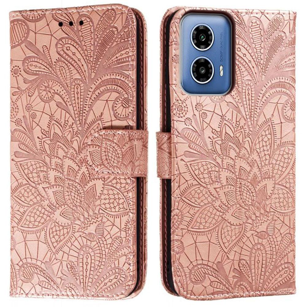 

For Motorola Moto G34 5G Case Lace Flowers PU Leather Flip Wallet Phone Cover Rose Gold