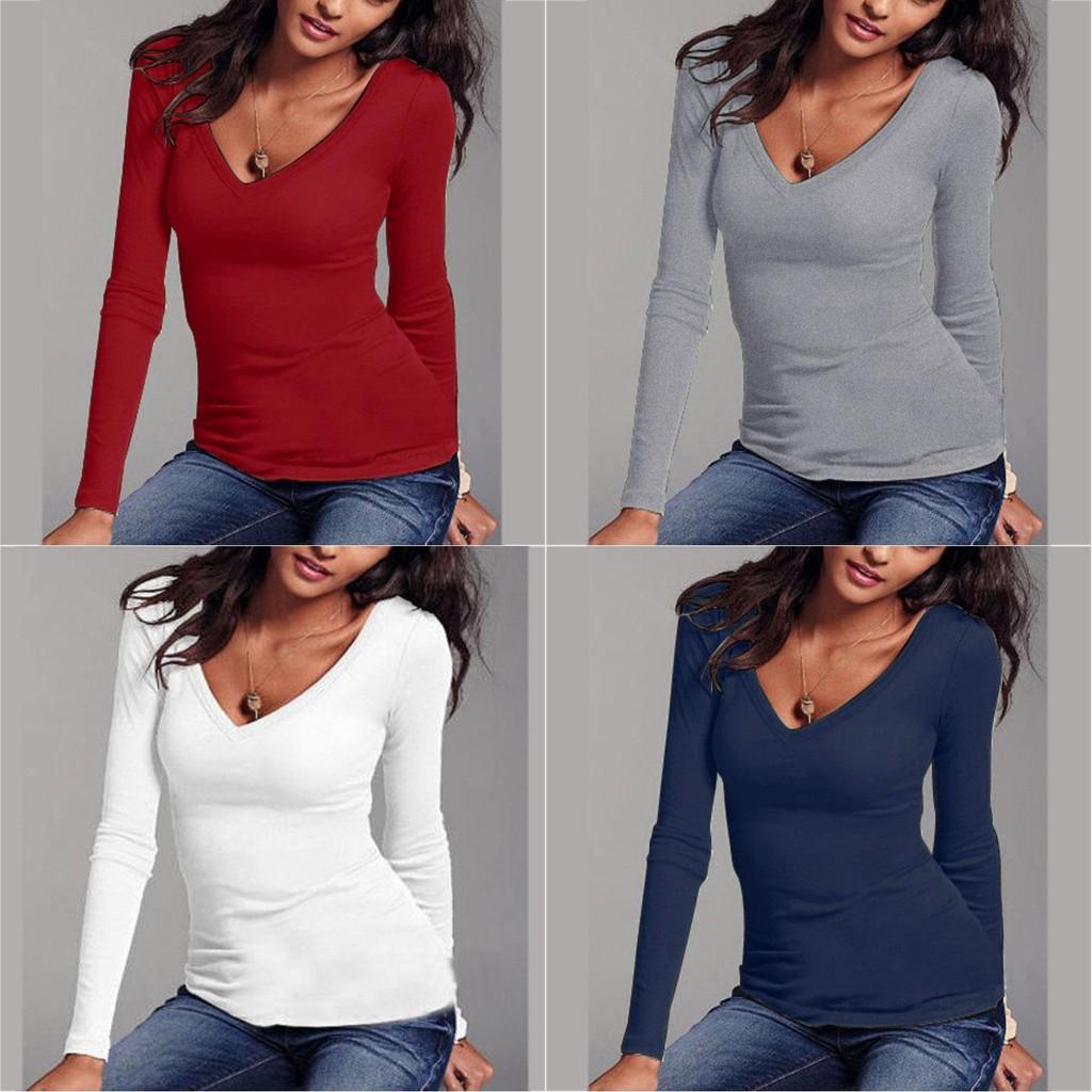 Elegant Autumn And Winter Long-sleeved Solid Color T-shirt V-neck Slim Bottoming Shirt
