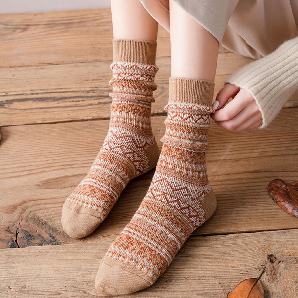 6 Pairs Harajuku College Style Women Student Crew Socks Vintage Geometric Print Casual Fashion Medium Stockings Gifts