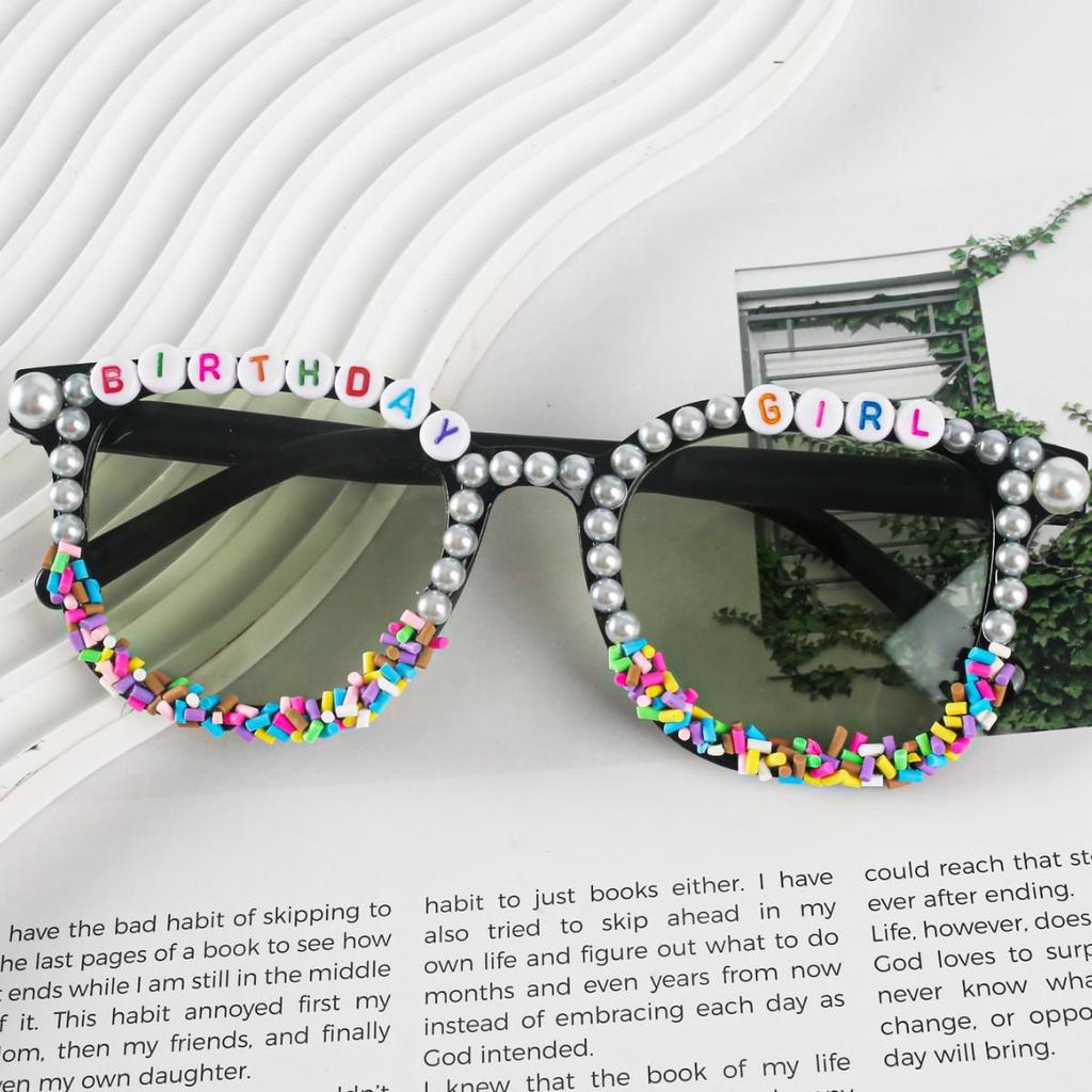 Unisex Square Pearl Sunglasses with Custom English Letters, Handmade Party Accessory