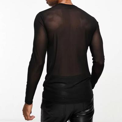 Men Mesh Top Ultra Thin See-through O Neck Long Sleeves Solid Color