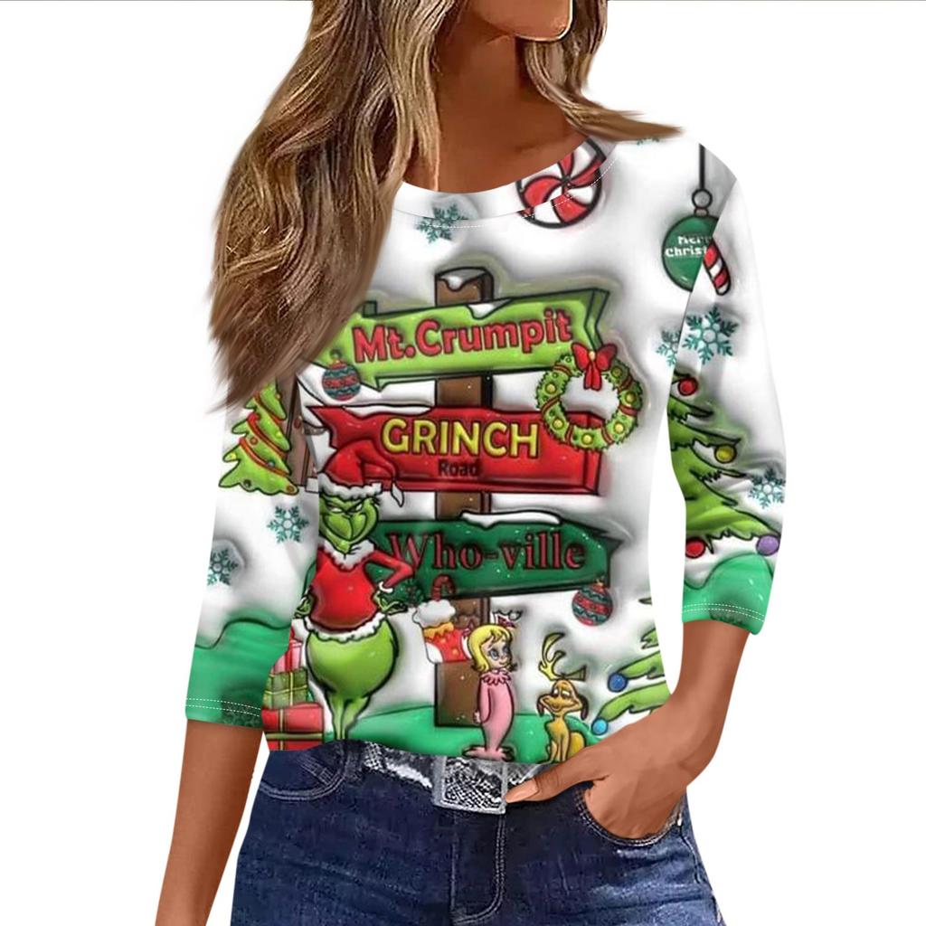 Damen Modisches Lässiges Dreiviertelarm Weihnachts-Print Rundhals-Top