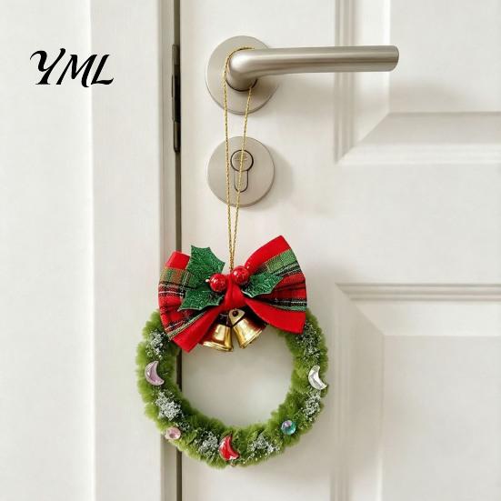 Xmas Gift Wrapping Accessories Mini Christmas Wreath Ornament, Hanging Decoration with Plaid Bow And Decorative Bells for Holiday Season Metal Bells,