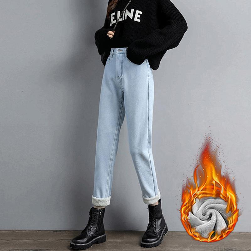 Straight Haren Jeans for Women Autumn and Winter with Thick Fleece and High Waist Loose Korean Version Jeans