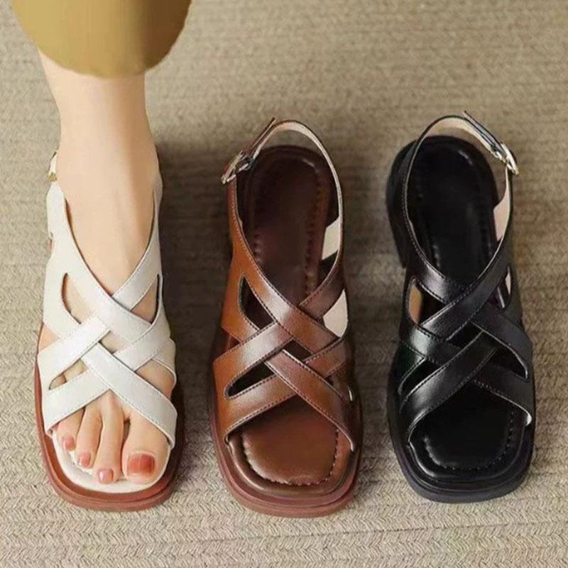 Fashion Smile Women Sandals Spring New Rubber Low Heel Square Toe Beach Sandals Korean Version Sandals Roman Retro Woven Fashion Sandals