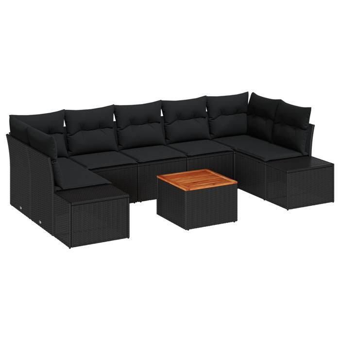 VidaXL Set de Canapé de Jardin 8 Pièces avec Coussins Noir Poly Rattan Acacia 3356595
