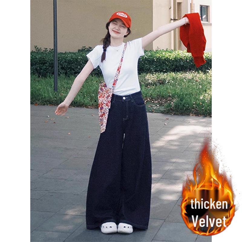 

Plus Size Fleece-Lined Dark Blue High-Waist Wide-Leg Jeans for Women L