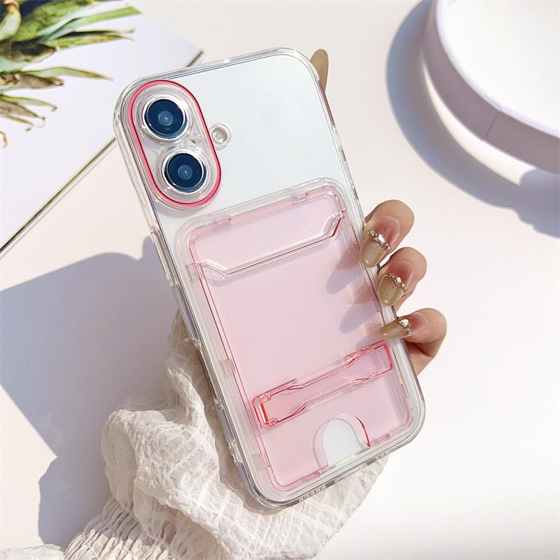 

Fashion Card Bag Transparent Bracket Case For iPhone 16E 11 12 13 14 15 16 Pro Max Plus Wallet Soft Shockproof Protective Cover For iPhone 16 ProMax