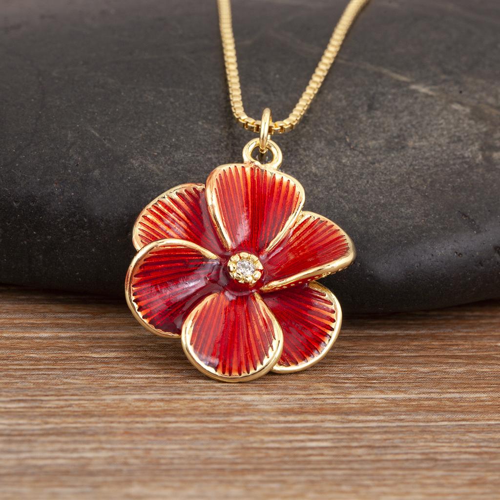 Nidin Hot Sale Enamel Rose Red/Pink Flower Charm Pendant Necklace For Women Girls Fashion Elegant Aesthetic Jewelry Accessories