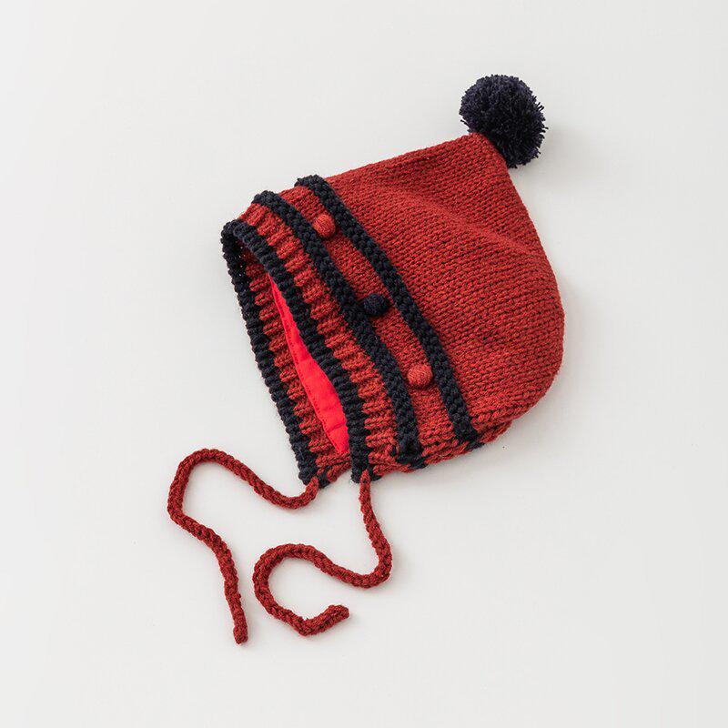 Koreanischer Winter-Streifen-Kinderhut mit Ohrenschutz & Bommel – Gestrickte Woll-Baby-Pullovermütze für Mädchen