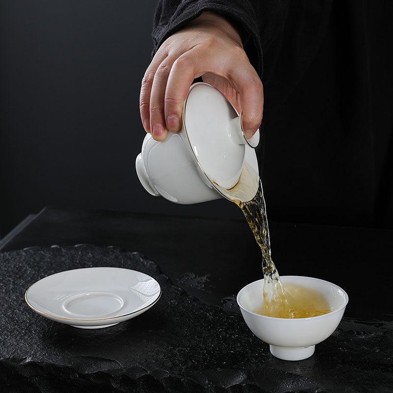 Mutton-Fat Jade Gold-Painted Ceramic Gaiwan Teacup