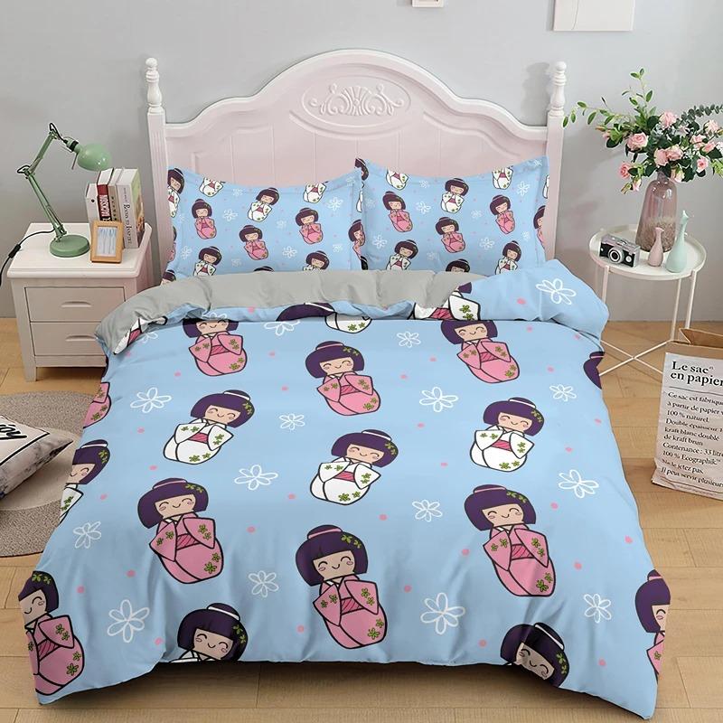 Japanese Doll Duvet Cover King Queen Lucky Cat Fan Bedding Set for Kids Girls Asian Japan Cultural 23PCS Polyester Quilt Cover