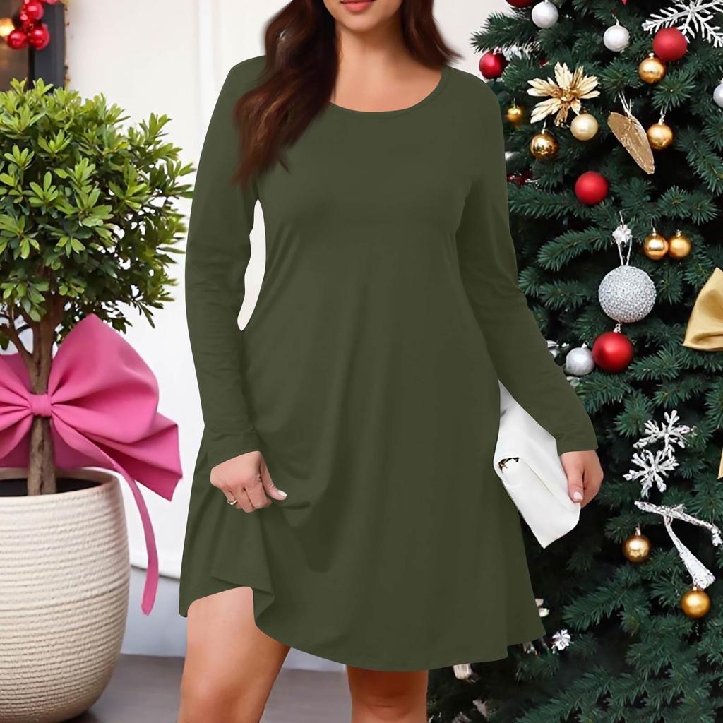 Plus Size Women's Solid-Colour Casual Dress Spring Pocket Round Neck Long-Sleeved Dress