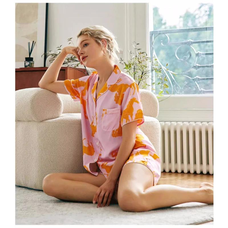 

Пижамы женские из чистого шелка с принтом, классические летние женские пижамы, домашняя одежда, женская длинная домашняя одежда, новые пижамы, повседневные пижамы 2XL