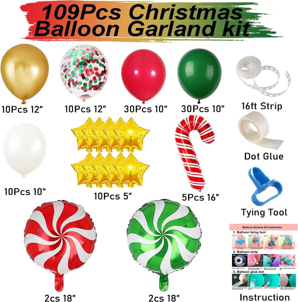 109 STÜCKE Weihnachtsballonbogen Grün Gold Rot Box Süßigkeitenballons Girlande Kegel Explosion Stern Folienballons Neujahr Weihnachtsfeier Deko