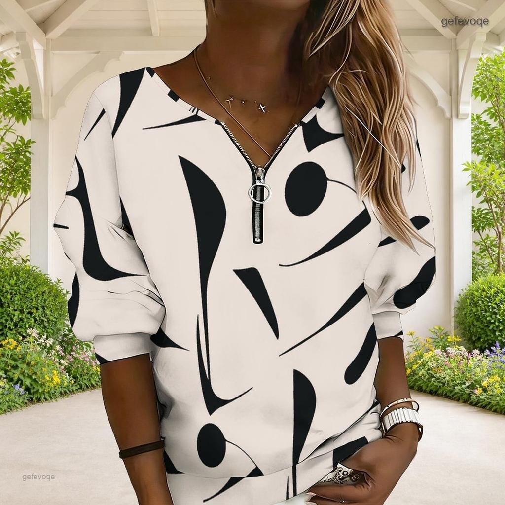 Women Plus Size V Neck Half Zip Long Sleeve Striped Printed Blue White Sweatshirt