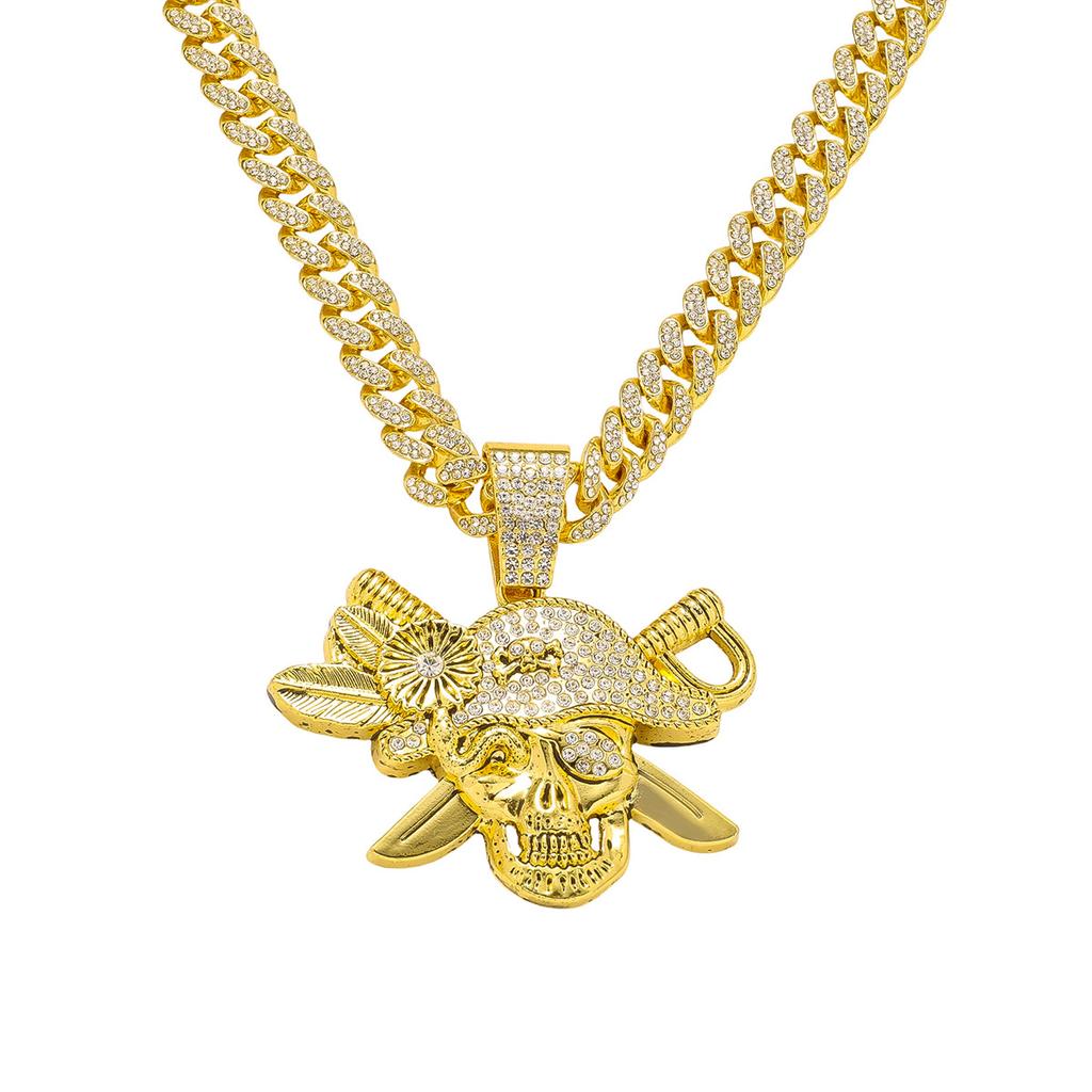 Gothic Bling 3D Pirate Skull Pendant Cuban Link Necklace 14K Gold Silver Plated Iced Punk Men Gift Statement Zinc Alloy Jewelry